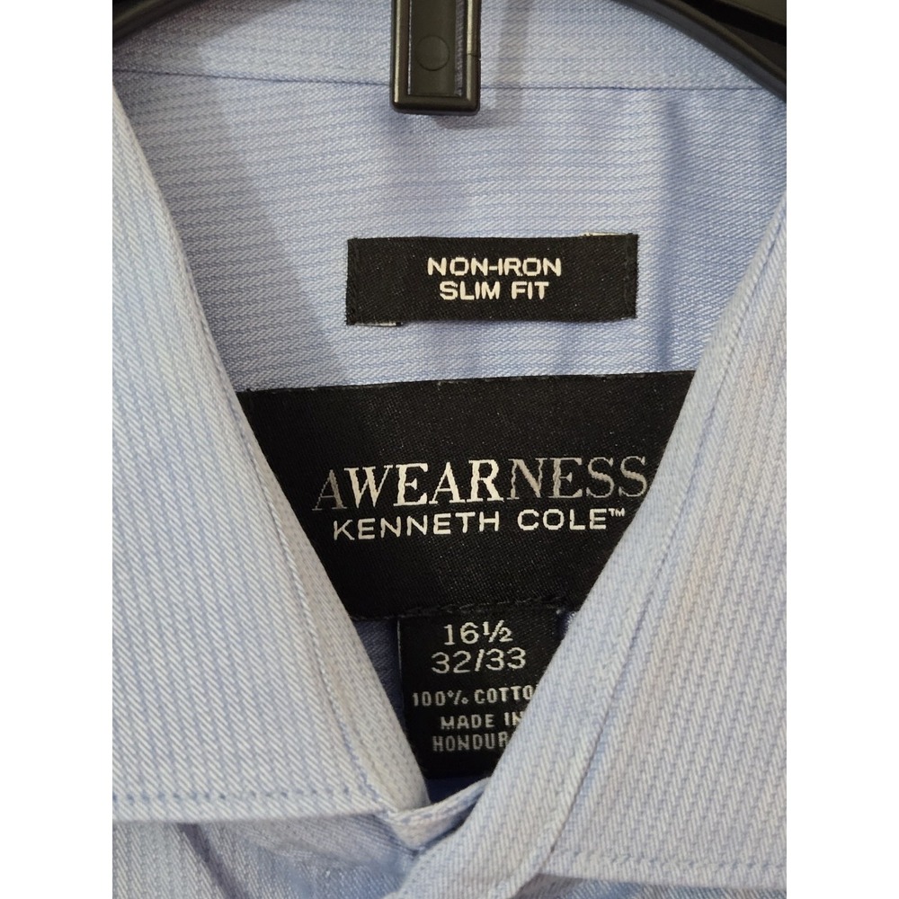 AWEARNESS Kenneth Cole‎ Dress Shirt Men's 16.5 32/33 Slim Fit Non-Iron Blue L/S - Picture 5 of 5